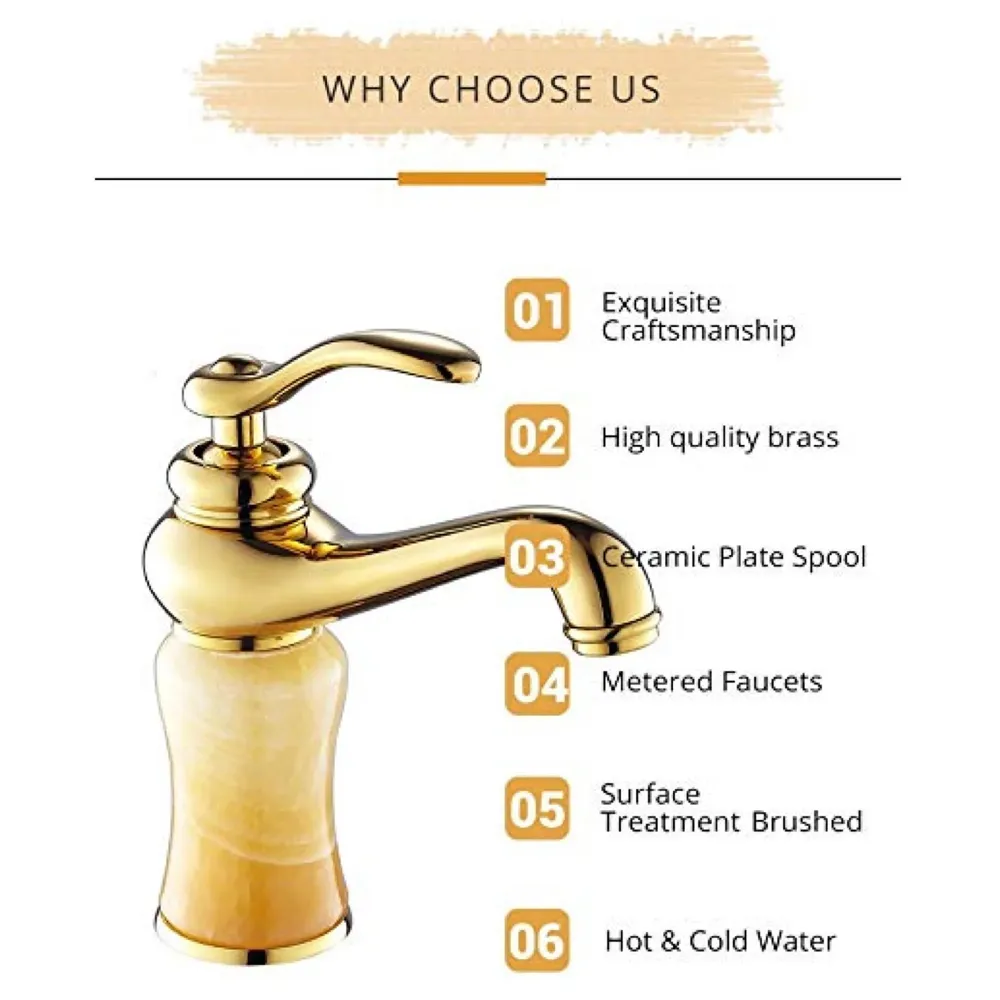 Brass Onyx Marble Single Lever Basin Mixer ~ with 2 Braided Connection Pipes 450mm, Gold, Brass Material, 8 Inches