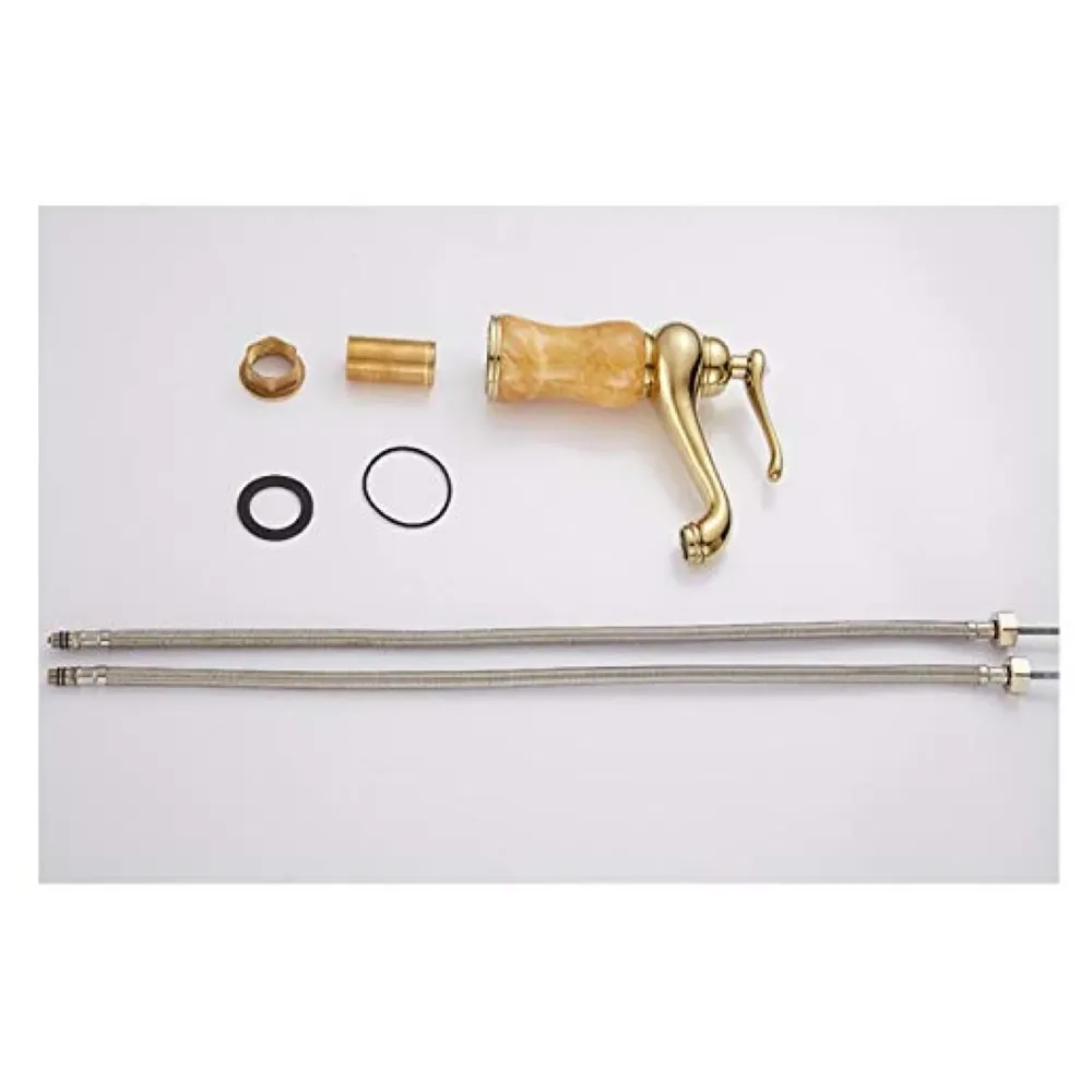 Brass Onyx Marble Single Lever Basin Mixer ~ with 2 Braided Connection Pipes 450mm, Gold, Brass Material, 8 Inches