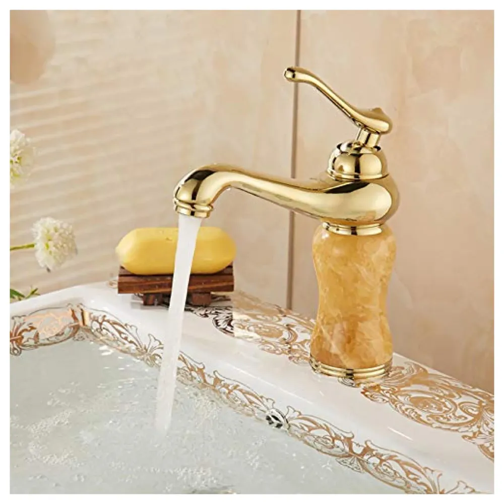 Gold Marble Basin Faucet Tap Mixer for Bathroom Toilet Wash Basins Hot and Cold Water (Without pop-up) (Onyx Petite) Gold, Brass Material, 8 Inches