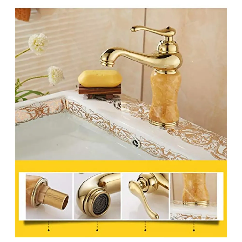 Gold Marble Basin Faucet Tap Mixer for Bathroom Toilet Wash Basins Hot and Cold Water (Without pop-up) (Onyx Petite) Gold, Brass Material, 8 Inches