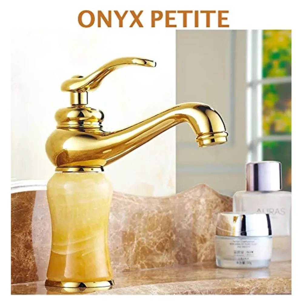 Gold Marble Basin Faucet Tap Mixer for Bathroom Toilet Wash Basins Hot and Cold Water (Without pop-up) (Onyx Petite) Gold, Brass Material, 8 Inches