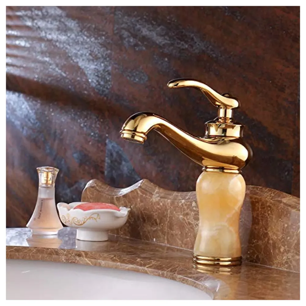 Gold Marble Basin Faucet Tap Mixer for Bathroom Toilet Wash Basins Hot and Cold Water (Without pop-up) (Onyx Petite) Gold, Brass Material, 8 Inches