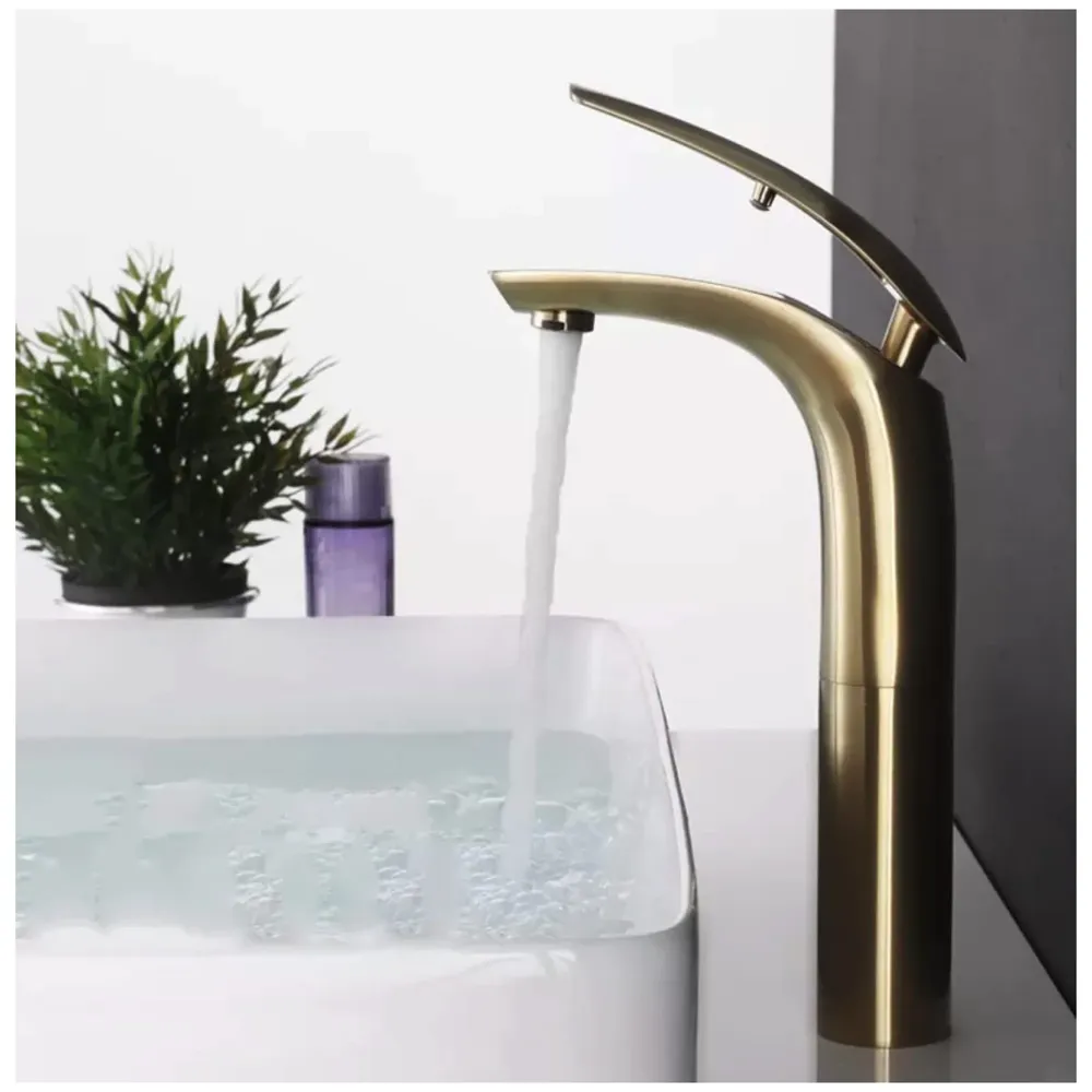 Gold Heavy Single Lever Basin Mixer Faucet Hot and Cold Tall Body Curve