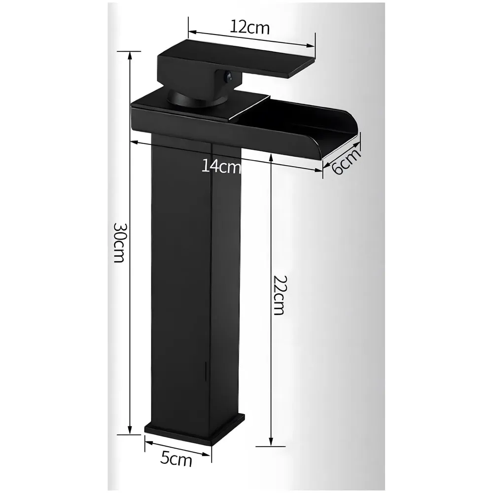 AQUAKART Waterfall Black Basin Tap Faucet Mixer for Bathroom Toilet Wash Basins Hot and Cold Water SS Material, 12 Inches Height Matt Black Waterfall Spout - 4