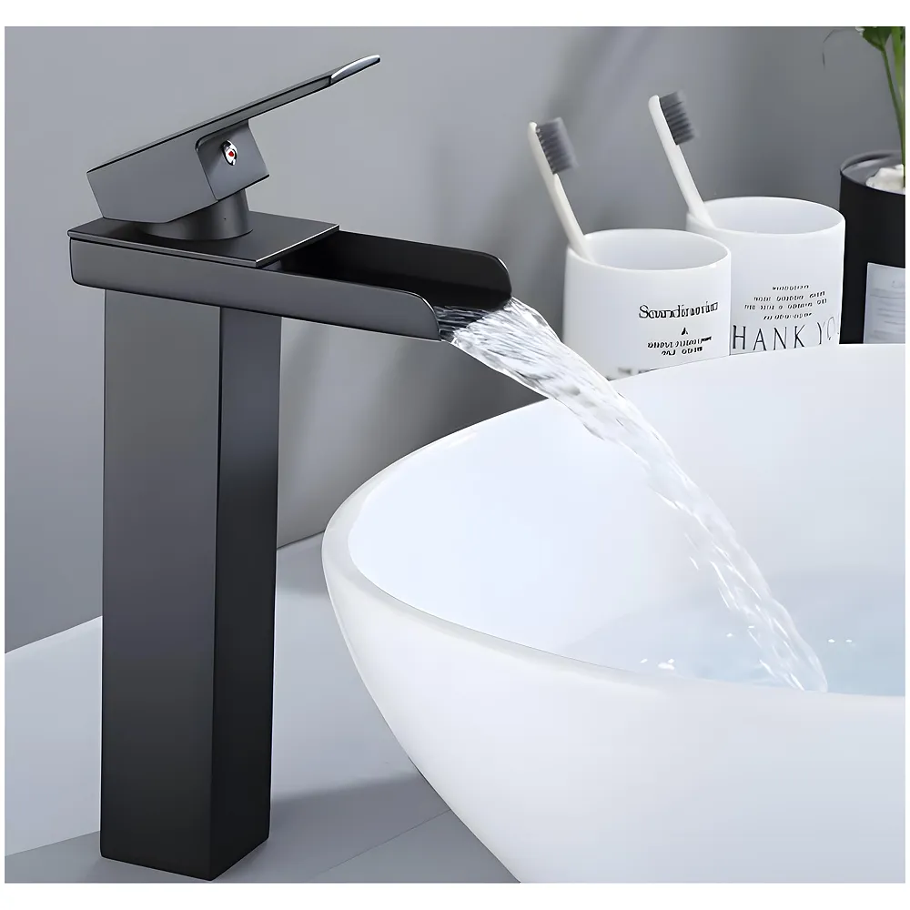 Waterfall Black Basin Tap Faucet Mixer for Bathroom Toilet Wash Basins Hot and Cold Water SS Material, 12 Inches Height Matt Black Waterfall Spout Premium