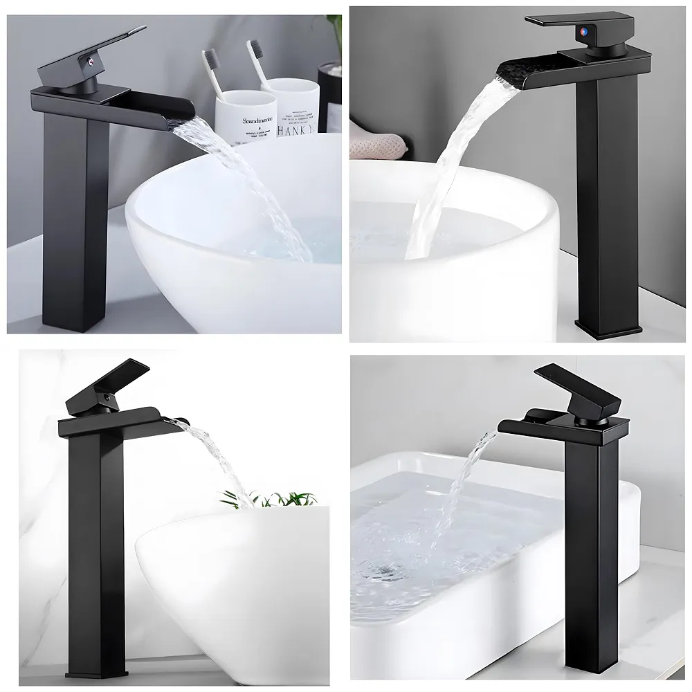 Waterfall Black Basin Tap Faucet Mixer for Bathroom Toilet Wash Basins Hot and Cold Water SS Material, 12 Inches Height Matt Black Waterfall Spout Premium