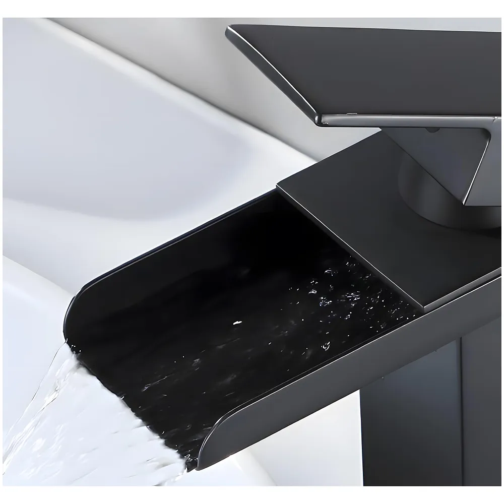 Waterfall Black Basin Tap Faucet Mixer for Bathroom Toilet Wash Basins Hot and Cold Water SS Material, 12 Inches Height Matt Black Waterfall Spout Premium