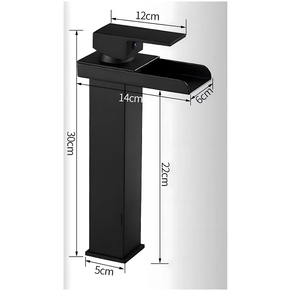 Waterfall Black Basin Tap Faucet Mixer for Bathroom Toilet Wash Basins Hot and Cold Water SS Material, 12 Inches Height Matt Black Waterfall Spout Premium