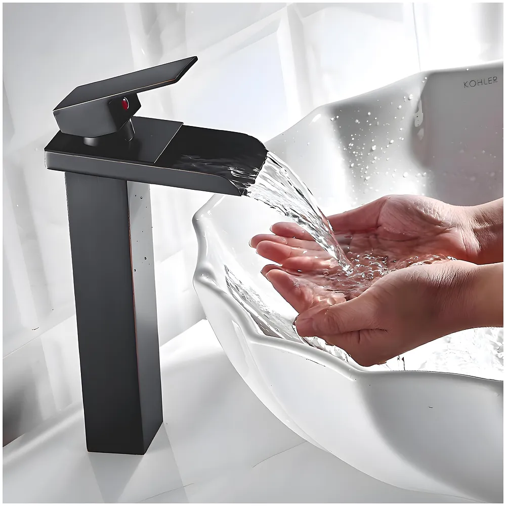 Waterfall Black Basin Tap Faucet Mixer for Bathroom Toilet Wash Basins Hot and Cold Water SS Material, 12 Inches Height Matt Black Waterfall Spout Premium