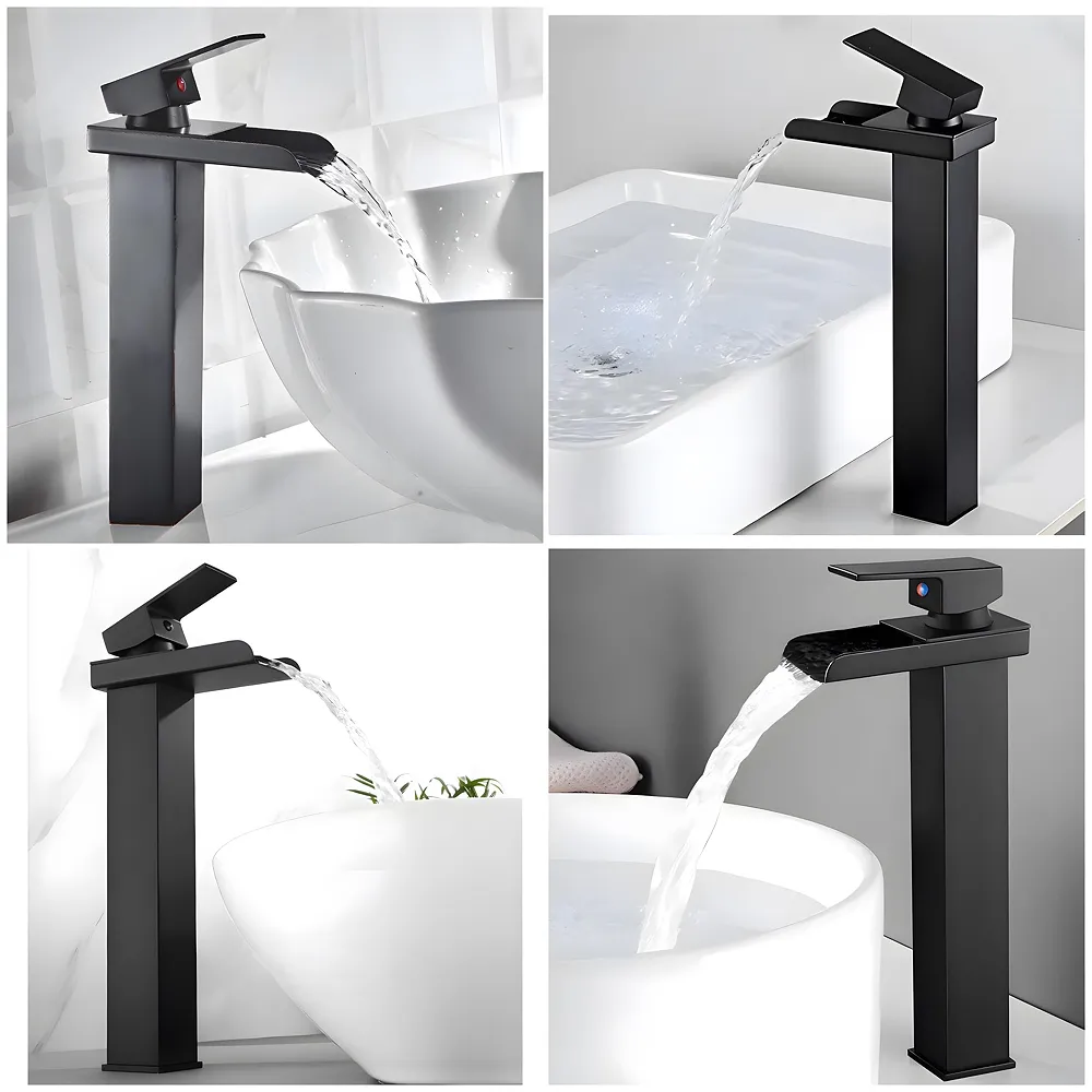 Waterfall Black Basin Tap Faucet Mixer for Bathroom Toilet Wash Basins Hot and Cold Water SS Material, 12 Inches Height Matt Black Waterfall Spout Premium