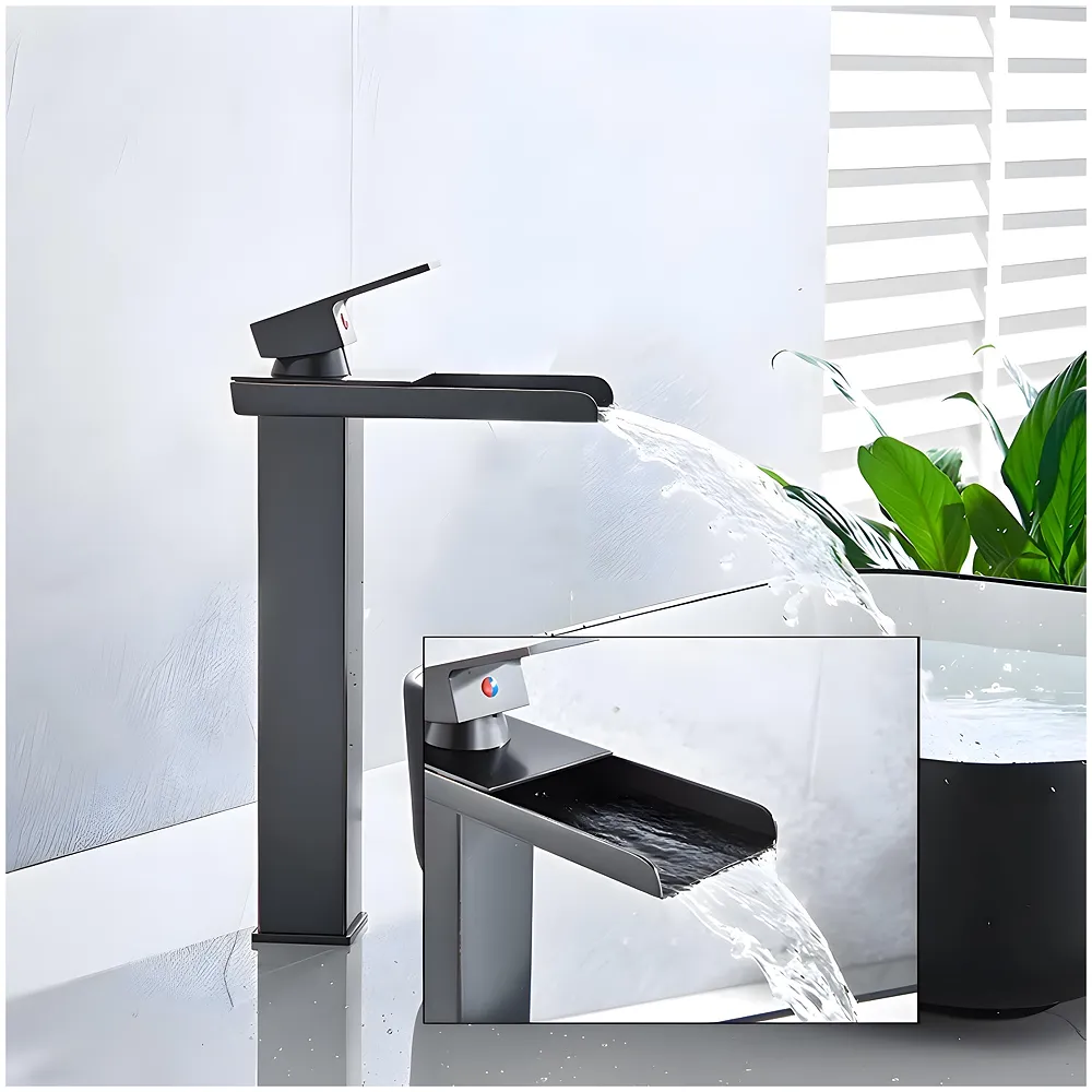 Waterfall Black Basin Tap Faucet Mixer for Bathroom Toilet Wash Basins Hot and Cold Water SS Material, 12 Inches Height Matt Black Waterfall Spout Premium