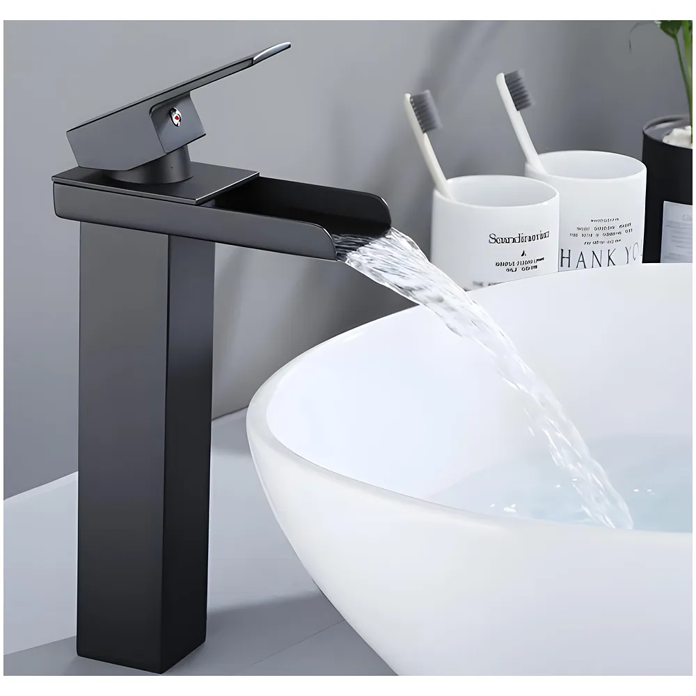 Waterfall Black Basin Tap Faucet Mixer for Bathroom Toilet Wash Basins Hot and Cold Water SS Material, 12 Inches Height Matt Black Waterfall Spout Premium