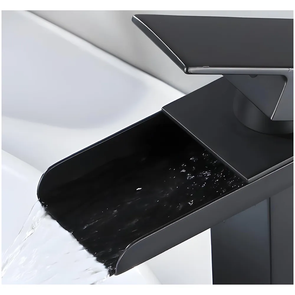 Waterfall Black Basin Tap Faucet Mixer for Bathroom Toilet Wash Basins Hot and Cold Water SS Material, 12 Inches Height Matt Black Waterfall Spout Premium