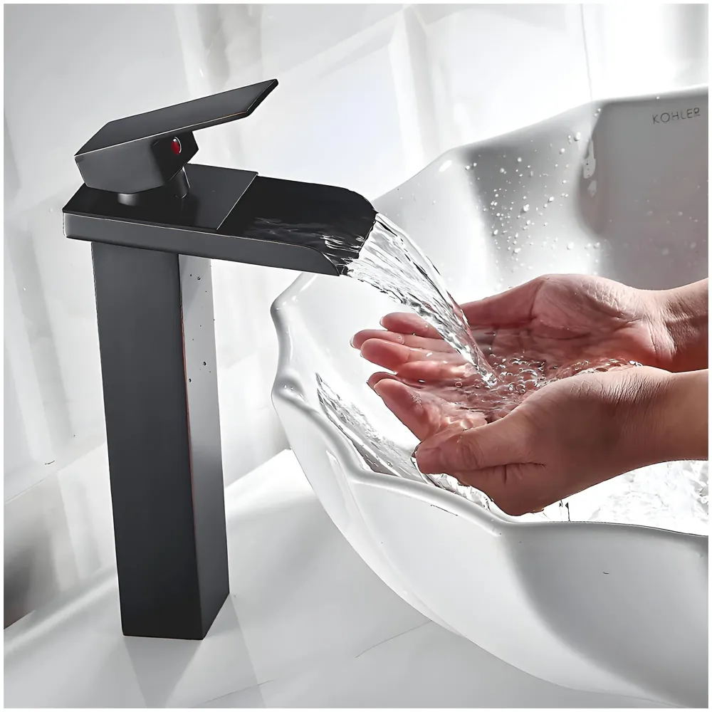 Waterfall Black Basin Tap Faucet Mixer for Bathroom Toilet Wash Basins Hot and Cold Water SS Material, 12 Inches Height Matt Black Waterfall Spout