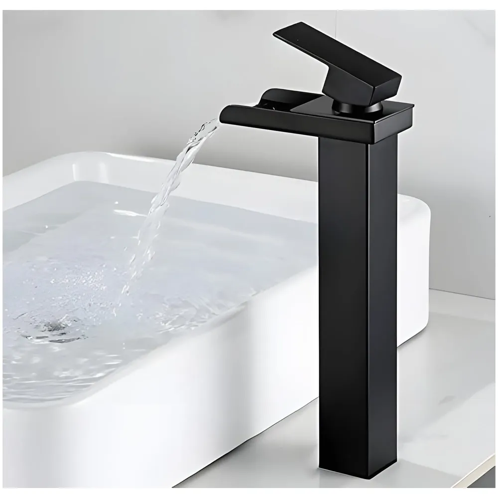 Waterfall Black Basin Tap Faucet Mixer for Bathroom Toilet Wash Basins Hot and Cold Water SS Material, 12 Inches Height Matt Black Waterfall Spout