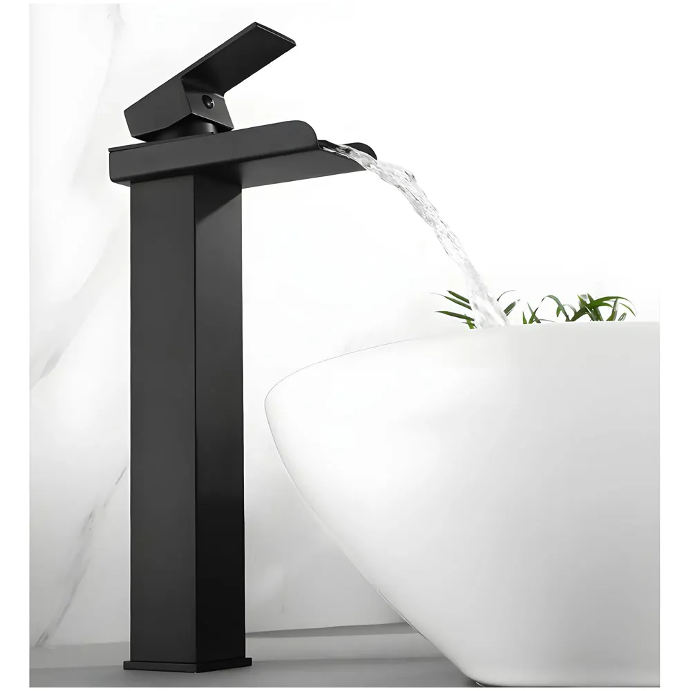 Waterfall Black Basin Tap Faucet Mixer for Bathroom Toilet Wash Basins Hot and Cold Water SS Material, 12 Inches Height Matt Black Waterfall Spout