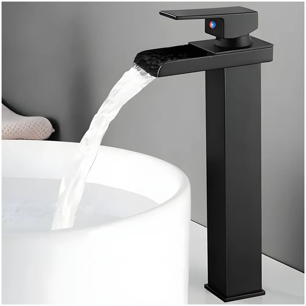 Waterfall Black Basin Tap Faucet Mixer for Bathroom Toilet Wash Basins Hot and Cold Water SS Material, 12 Inches Height Matt Black Waterfall Spout