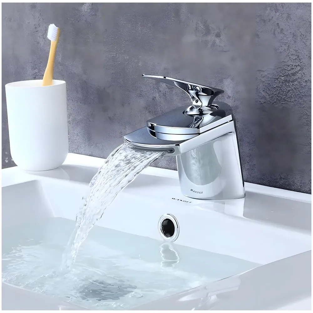 AQUAKART Waterfall Basin Tap Faucet Mixer Silver Chrome Waterfall for Bathroom Toilet Wash Basins Hot and Cold Water, Basin Mounted - 11 Cm Height - 5