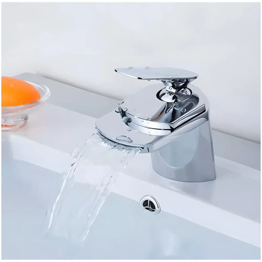 Waterfall Basin Tap Faucet Mixer Silver Chrome Waterfall for Bathroom Toilet Wash Basins Hot and Cold Water, Basin Mounted - 11 Cm Height