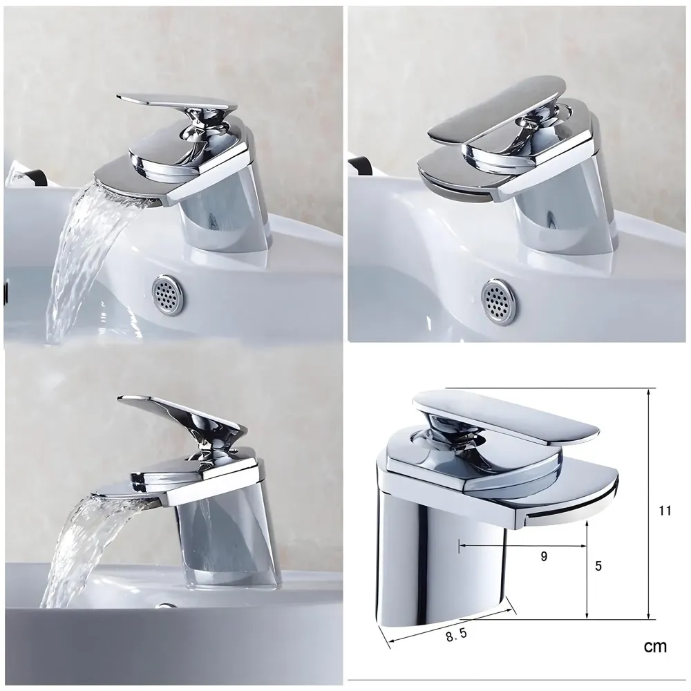 Waterfall Basin Tap Faucet Mixer Silver Chrome Waterfall for Bathroom Toilet Wash Basins Hot and Cold Water, Basin Mounted - 11 Cm Height