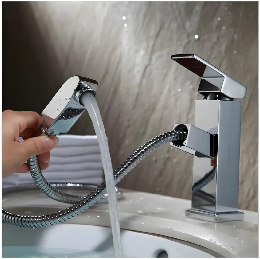 Pull Out Silver Faucet Single Lever Basin Mixer Hot and Cold for Bathroom Toilets Wash Basins Sinks Kitchen - 6 Inches Height
