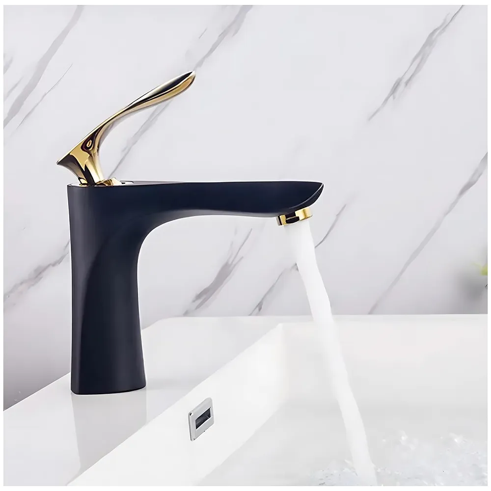 Black Gold Faucet Tap Mixer Hot and Cold Water Heavy Single Lever Basin Mixer 7 inches with Connector Pipes and Ceramic Cartridge for Bathroom Wash Basins