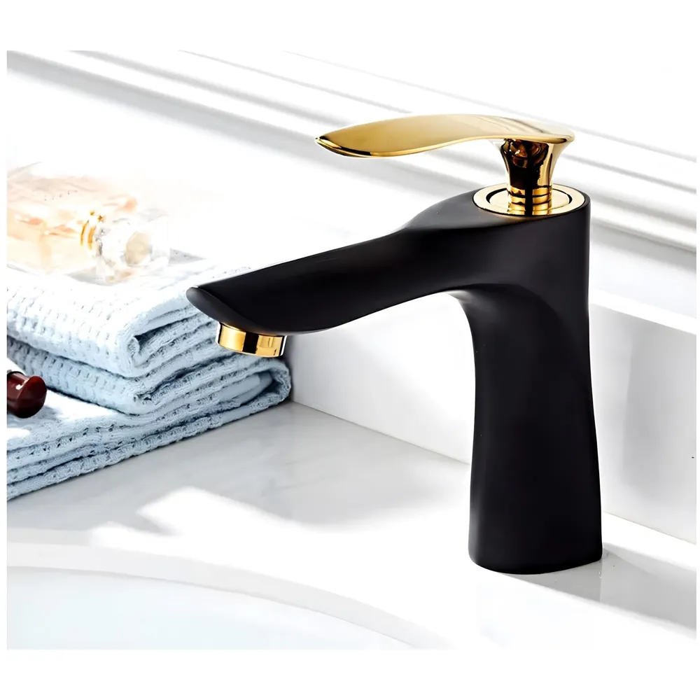 AQUAKART Black Gold Faucet Tap Mixer Hot and Cold Water Heavy Single Lever Basin Mixer 7 inches with Connector Pipes and Ceramic Cartridge for Bathroom Wash Basins