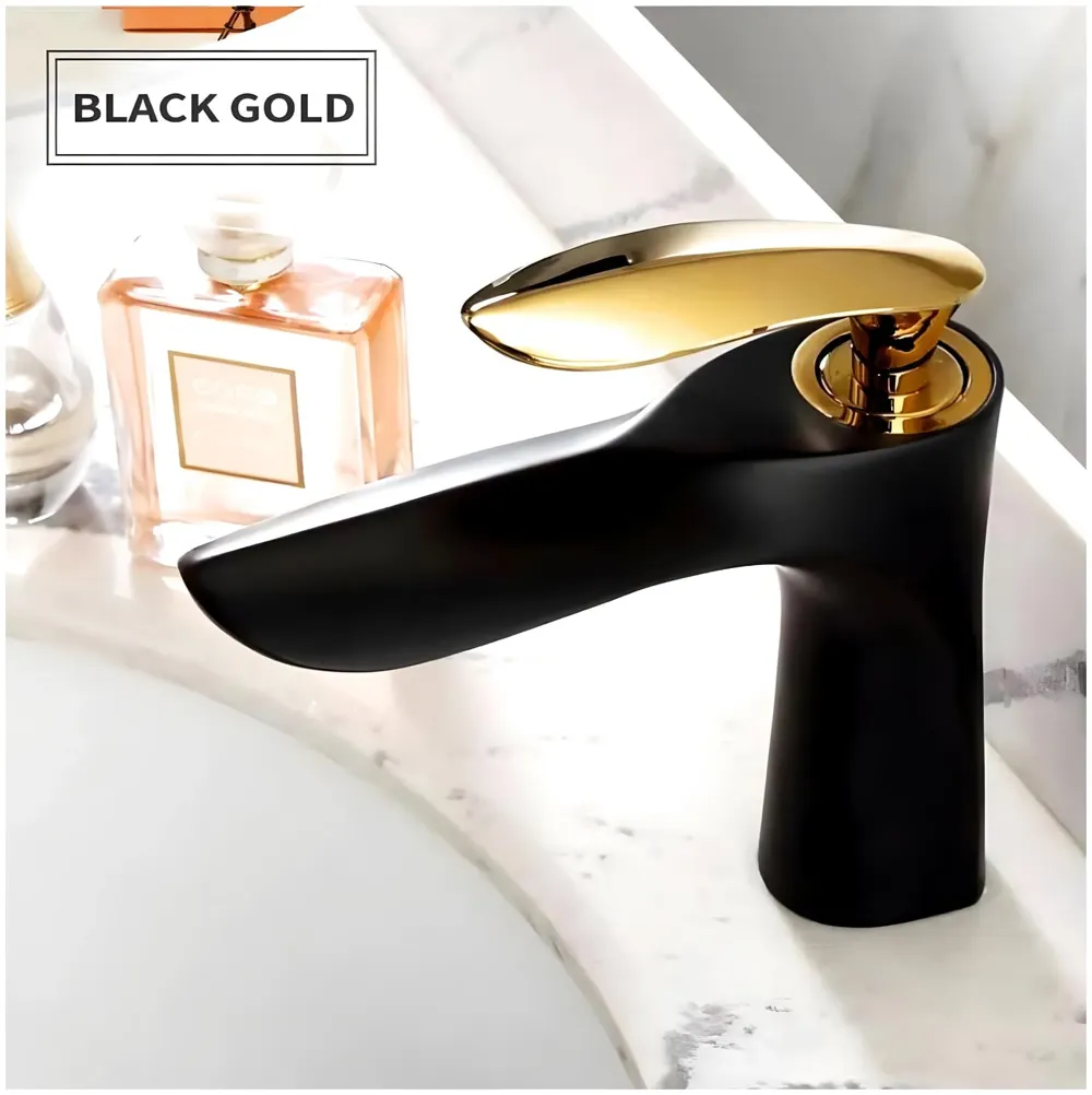 AQUAKART Black Gold Faucet Tap Mixer Hot and Cold Water Heavy Single Lever Basin Mixer 7 inches with Connector Pipes and Ceramic Cartridge for Bathroom Wash Basins - 6