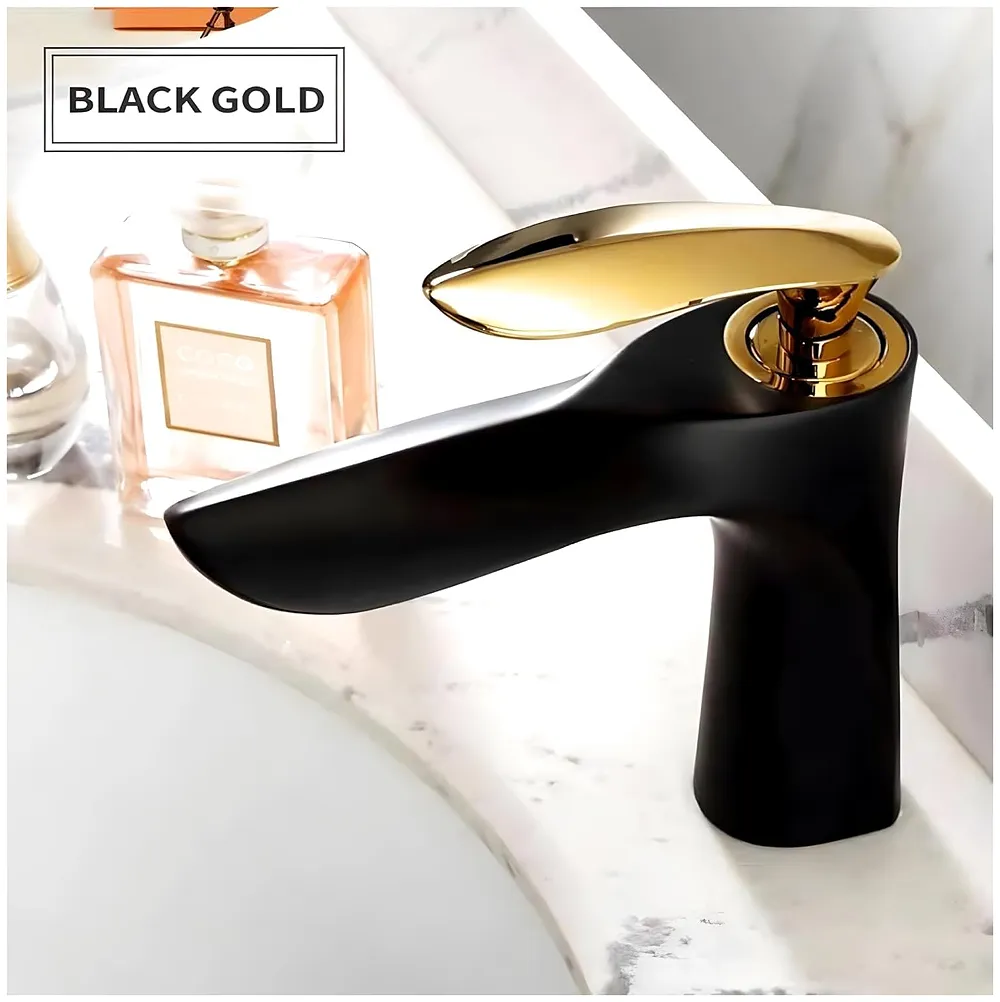 Black Gold Faucet Tap Mixer Hot and Cold Water Heavy Single Lever Basin Mixer 7 inches with Connector Pipes and Ceramic Cartridge for Bathroom Wash Basins