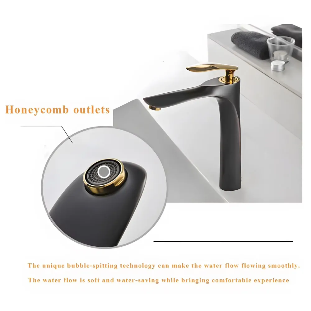 AQUAKART Black Gold Faucet Tap Mixer Hot and Cold Water Heavy Single Lever Basin Mixer 12 inches with Connector Pipes and Ceramic Cartridge for Bathroom Wash Basins - 5