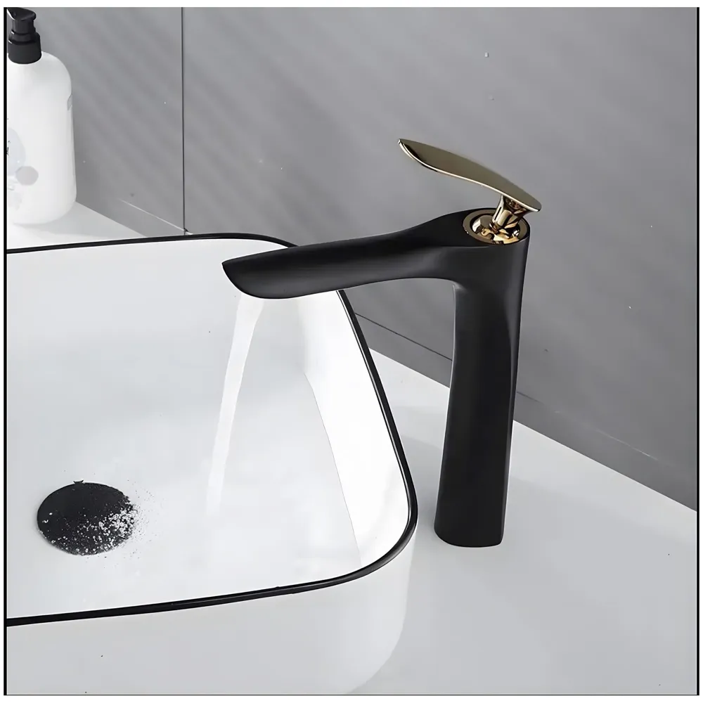 AQUAKART Black Gold Faucet Tap Mixer Hot and Cold Water Heavy Single Lever Basin Mixer 12 inches with Connector Pipes and Ceramic Cartridge for Bathroom Wash Basins - 8