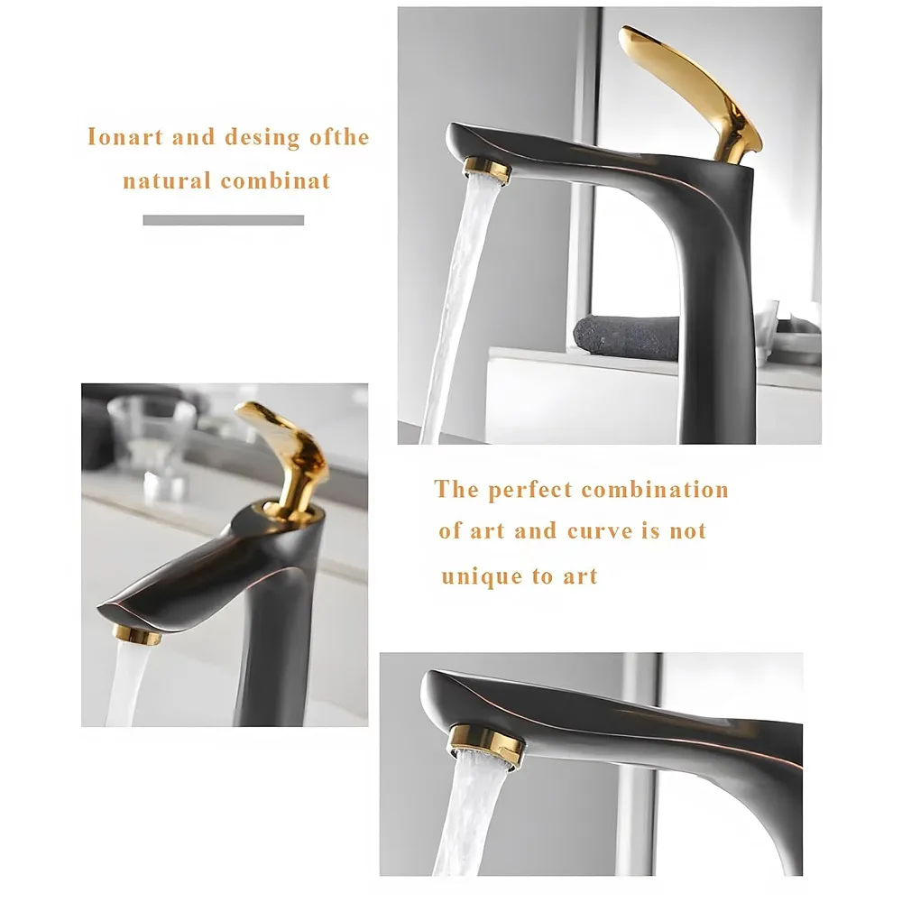Black Gold Faucet Tap Mixer Hot and Cold Water Heavy Single Lever Basin Mixer 12 inches with Connector Pipes and Ceramic Cartridge for Bathroom Wash Basins