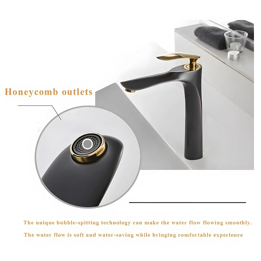 Black Gold Faucet Tap Mixer Hot and Cold Water Heavy Single Lever Basin Mixer 12 inches with Connector Pipes and Ceramic Cartridge for Bathroom Wash Basins