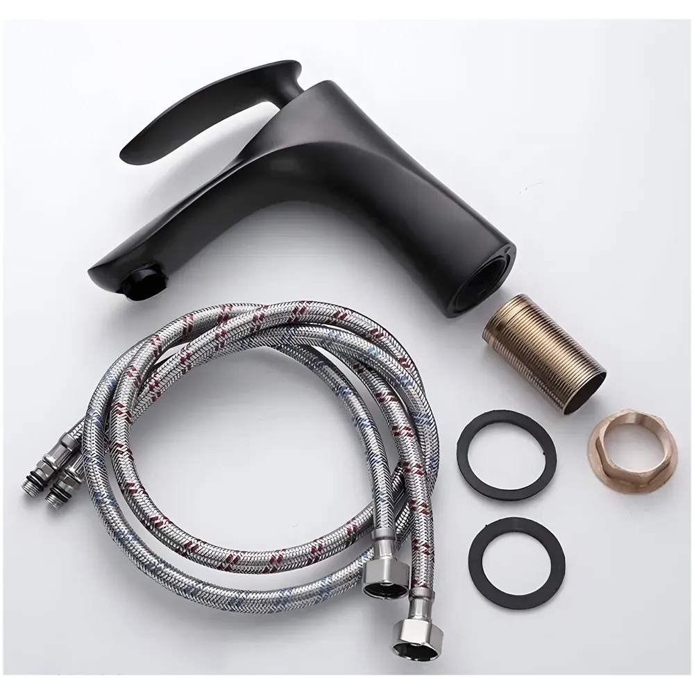 AQUAKART Black Faucet Tap Mixer Hot and Cold Water Heavy Single Lever Basin Mixer 7 inches with Connector Pipes and Ceramic Cartridge for Bathroom Wash Basins - 18cm x 5cm - 8