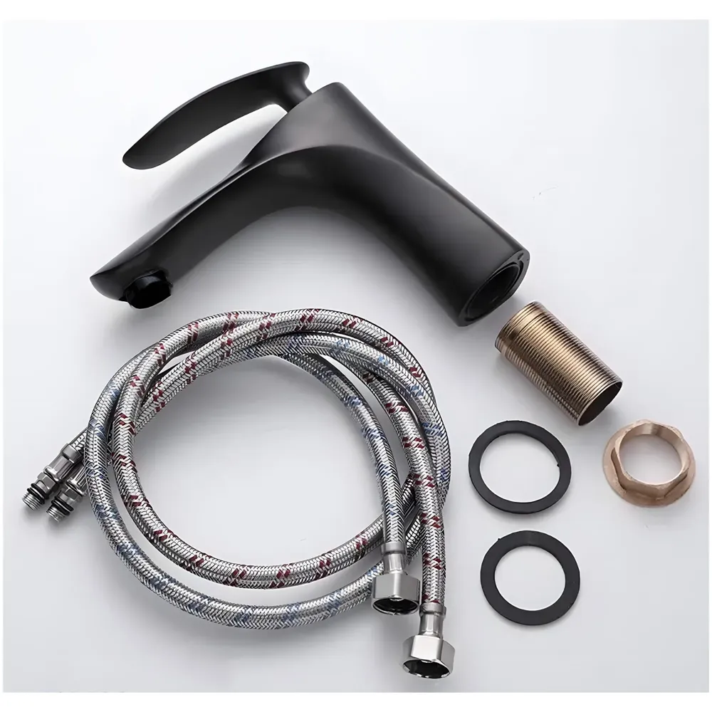 Black Faucet Tap Mixer Hot and Cold Water Heavy Single Lever Basin Mixer 7 inches with Connector Pipes and Ceramic Cartridge for Bathroom Wash Basins - 18cm x 5cm
