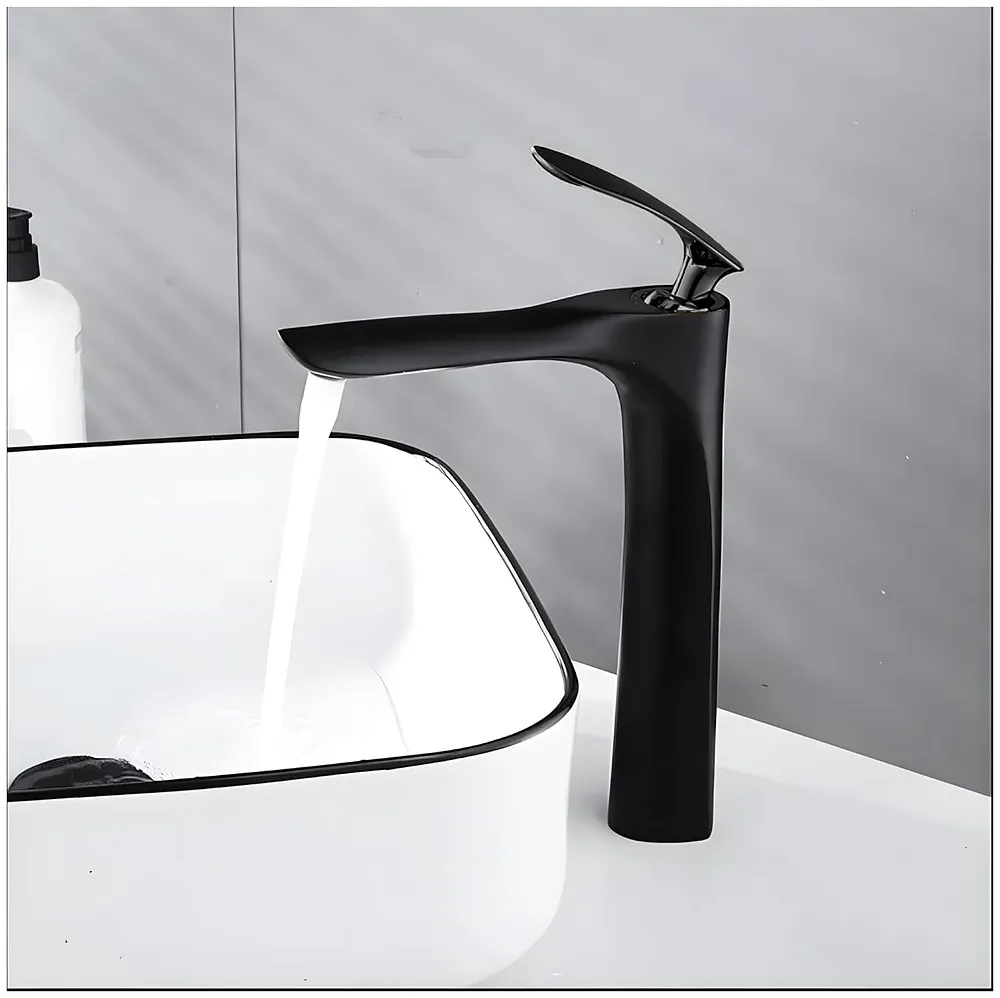 Tall Black Faucet Tap Mixer Hot and Cold Water Heavy Single Lever Basin Mixer with Ceramic Cartridge for Bathroom Wash Basins - 12 inch x 5.6 inch Matt Black