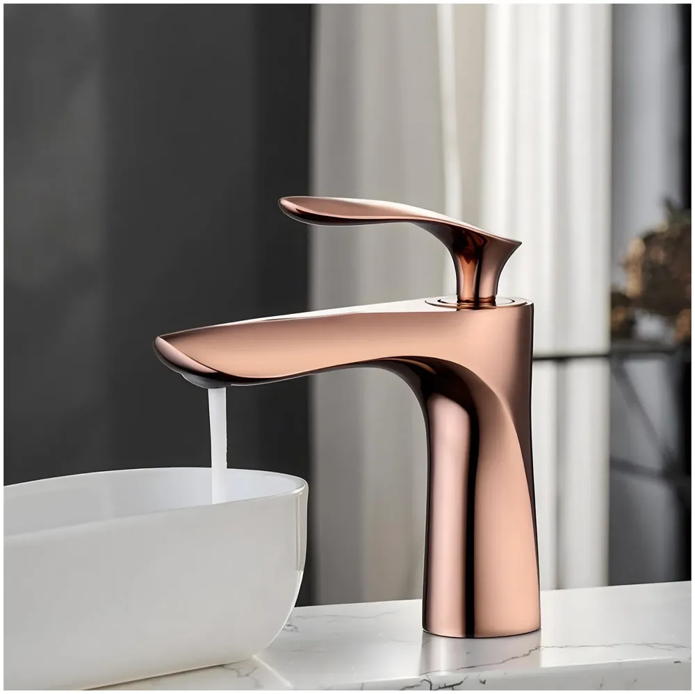 Rose Gold Faucet Tap Mixer Hot and Cold Water Heavy Single Lever Basin Mixer 7 inches with Connector Pipes and Ceramic Cartridge for Bathroom Wash Basins