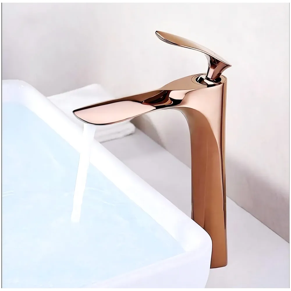 Full Rose Gold Faucet Tap Mixer Hot and Cold Water Heavy Single Lever Basin Mixer 12 inches with Connector Pipes and Ceramic Cartridge for Bathroom Wash Basins