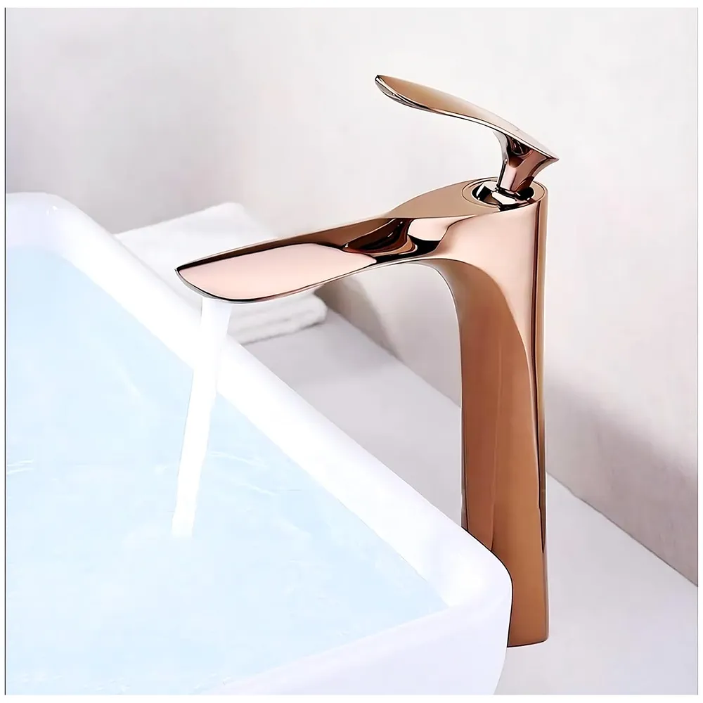 Full Rose Gold Faucet Tap Mixer Hot and Cold Water Heavy Single Lever Basin Mixer 12 inches with Connector Pipes and Ceramic Cartridge for Bathroom Wash Basins - Premium