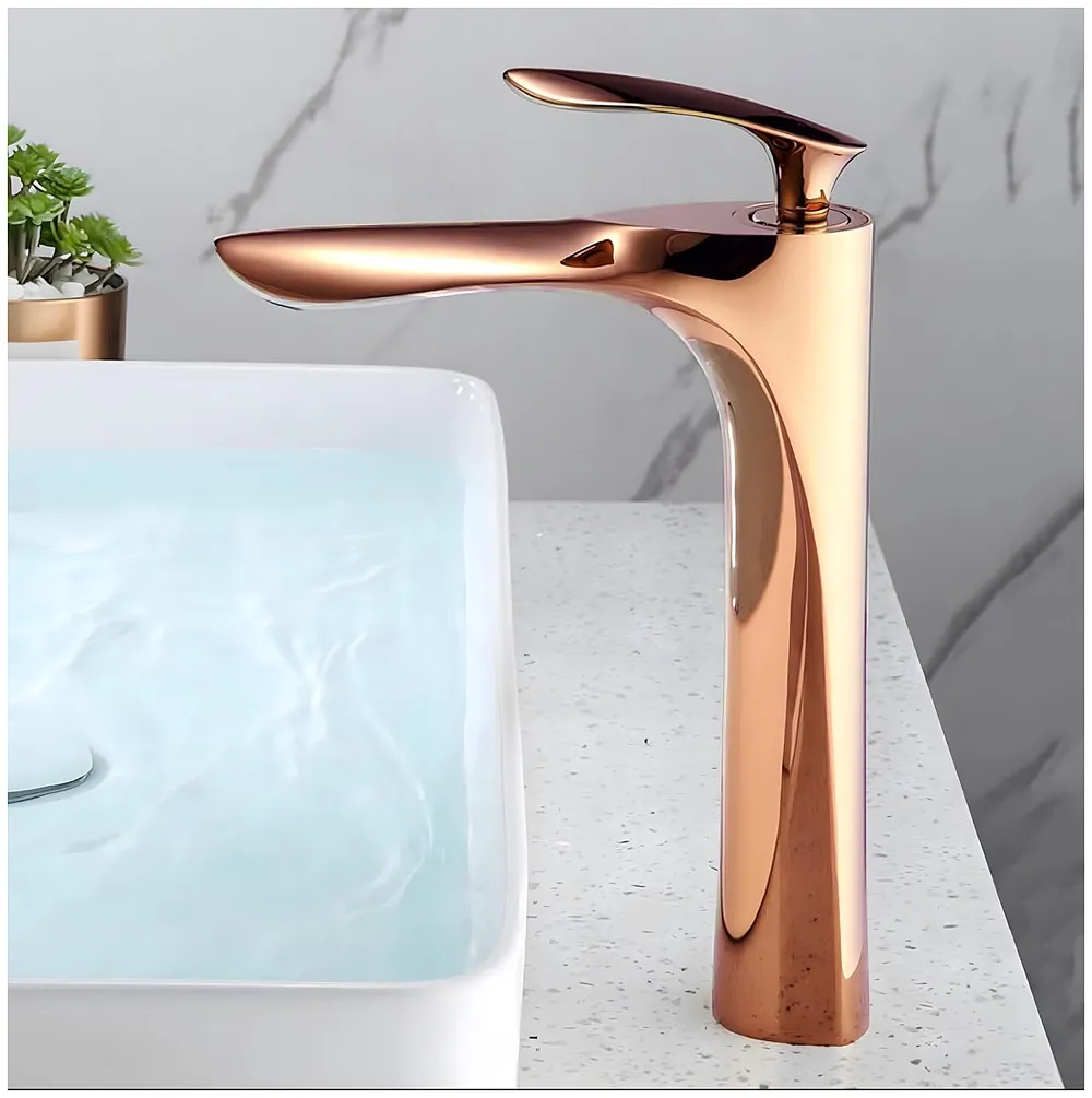 Full Rose Gold Faucet Tap Mixer Hot and Cold Water Heavy Single Lever Basin Mixer 12 inches with Connector Pipes and Ceramic Cartridge for Bathroom Wash Basins - Premium