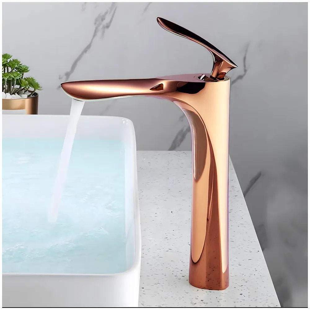 Full Rose Gold Faucet Tap Mixer Hot and Cold Water Heavy Single Lever Basin Mixer 12 inches with Connector Pipes and Ceramic Cartridge for Bathroom Wash Basins - Premium