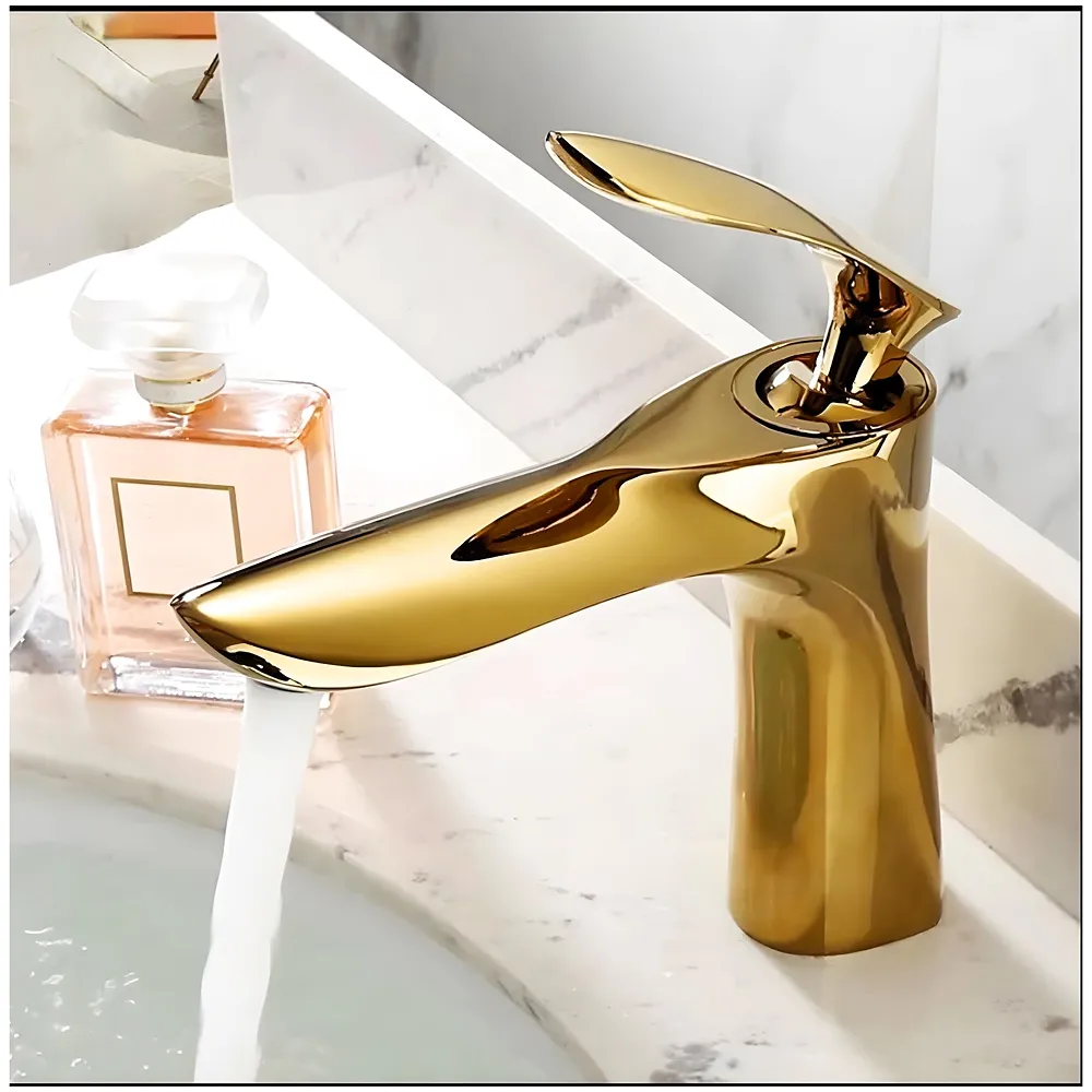 Gold Faucet Tap Mixer Hot and Cold Water Heavy Single Lever Basin Mixer 7 inches with Connector Pipes and Ceramic Cartridge for Bathroom Wash Basins Premium