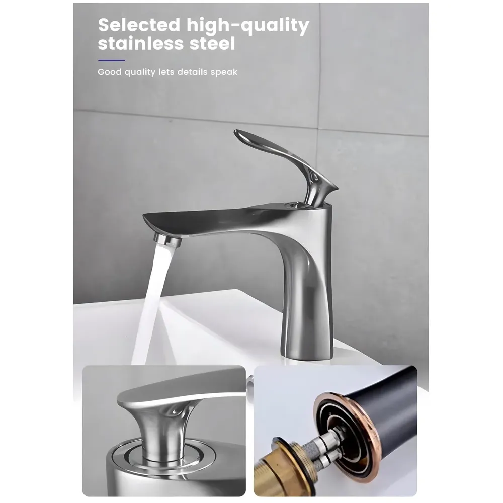 Grey Faucet Tap Mixer Hot and Cold Water Heavy Single Lever Basin Mixer 7 inches with Connector Pipes and Ceramic Cartridge for Bathroom Wash Basins