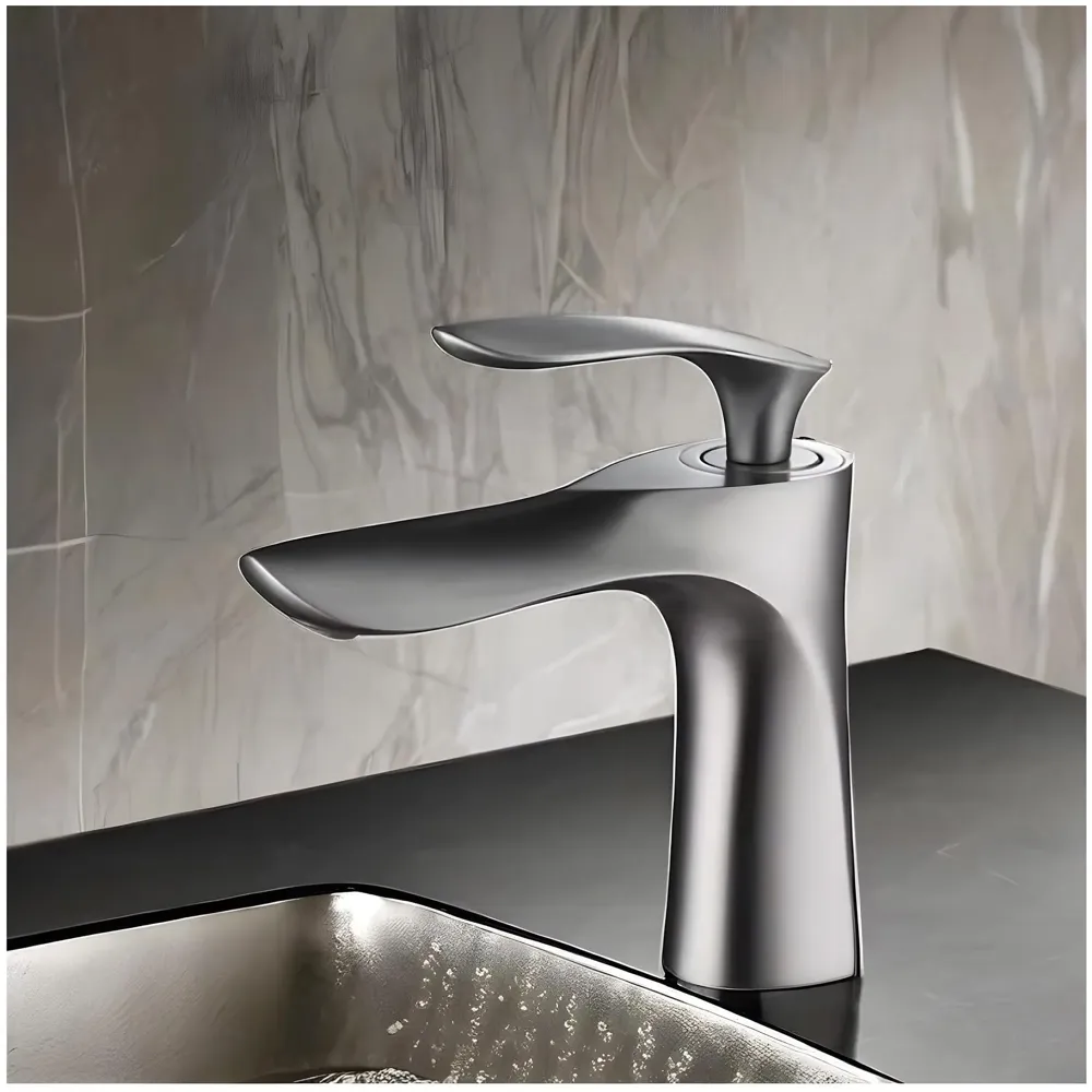 Grey Faucet Tap Mixer Hot and Cold Water Heavy Single Lever Basin Mixer 7 inches with Connector Pipes and Ceramic Cartridge for Bathroom Wash Basins