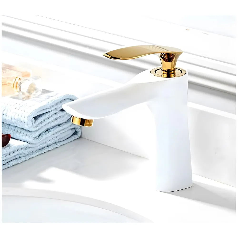 Gold White Basin Mixer Tap Faucet with Connection Pipes Gold Colour (Golden Belle) (White-Gold)