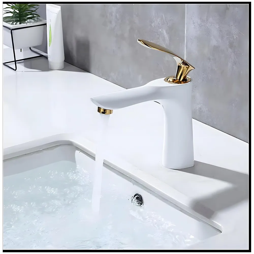 Gold White Basin Mixer Tap Faucet with Connection Pipes Gold Colour (Golden Belle) (White-Gold)