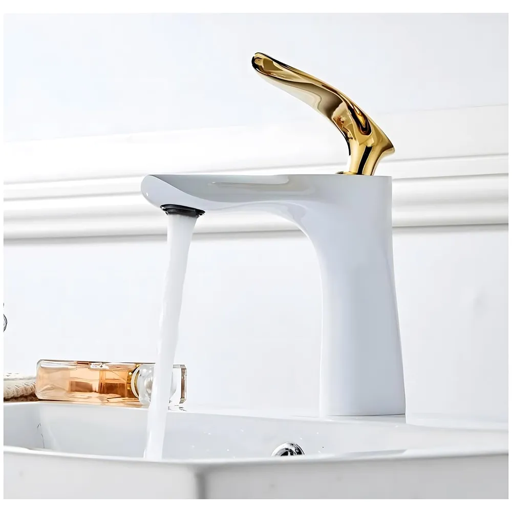 Gold White Basin Mixer Tap Faucet with Connection Pipes Gold Colour (Golden Belle) (White-Gold)