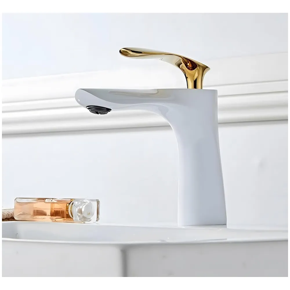 Gold White Basin Mixer Tap Faucet with Connection Pipes Gold Colour (Golden Belle) (White-Gold)