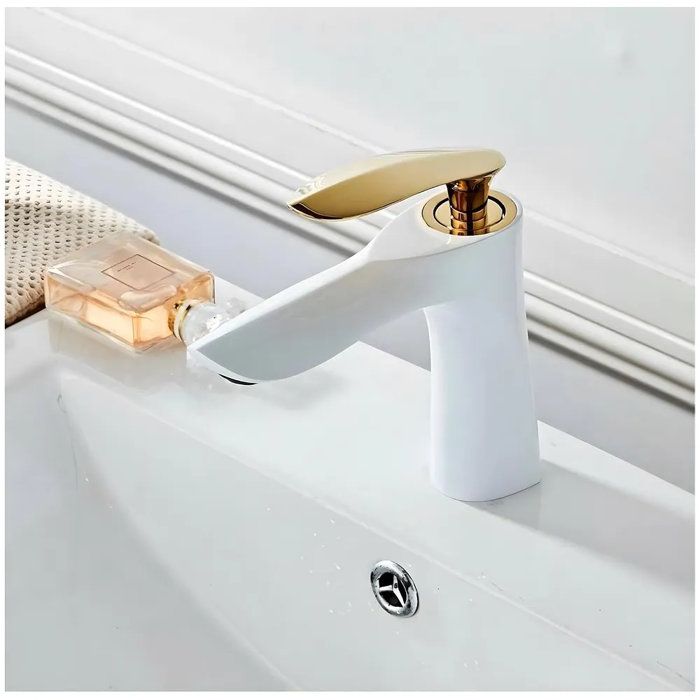White Gold Faucet Tap Mixer Hot and Cold Water Heavy Single Lever Basin Mixer 7 inches with Connector Pipes and Ceramic Cartridge for Bathroom Wash Basins