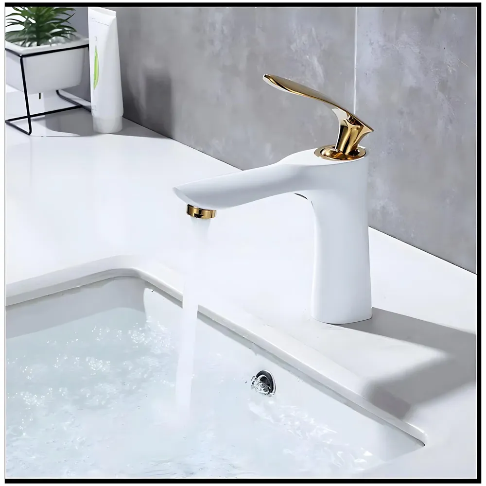 AQUAKART White Gold Faucet Tap Mixer Hot and Cold Water Heavy Single Lever Basin Mixer 7 inches with Connector Pipes and Ceramic Cartridge for Bathroom Wash Basins - 2